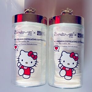 The Creme Shop x Hello Kitty 80 Premium Exfoliating Cotton Pads in glass jar.